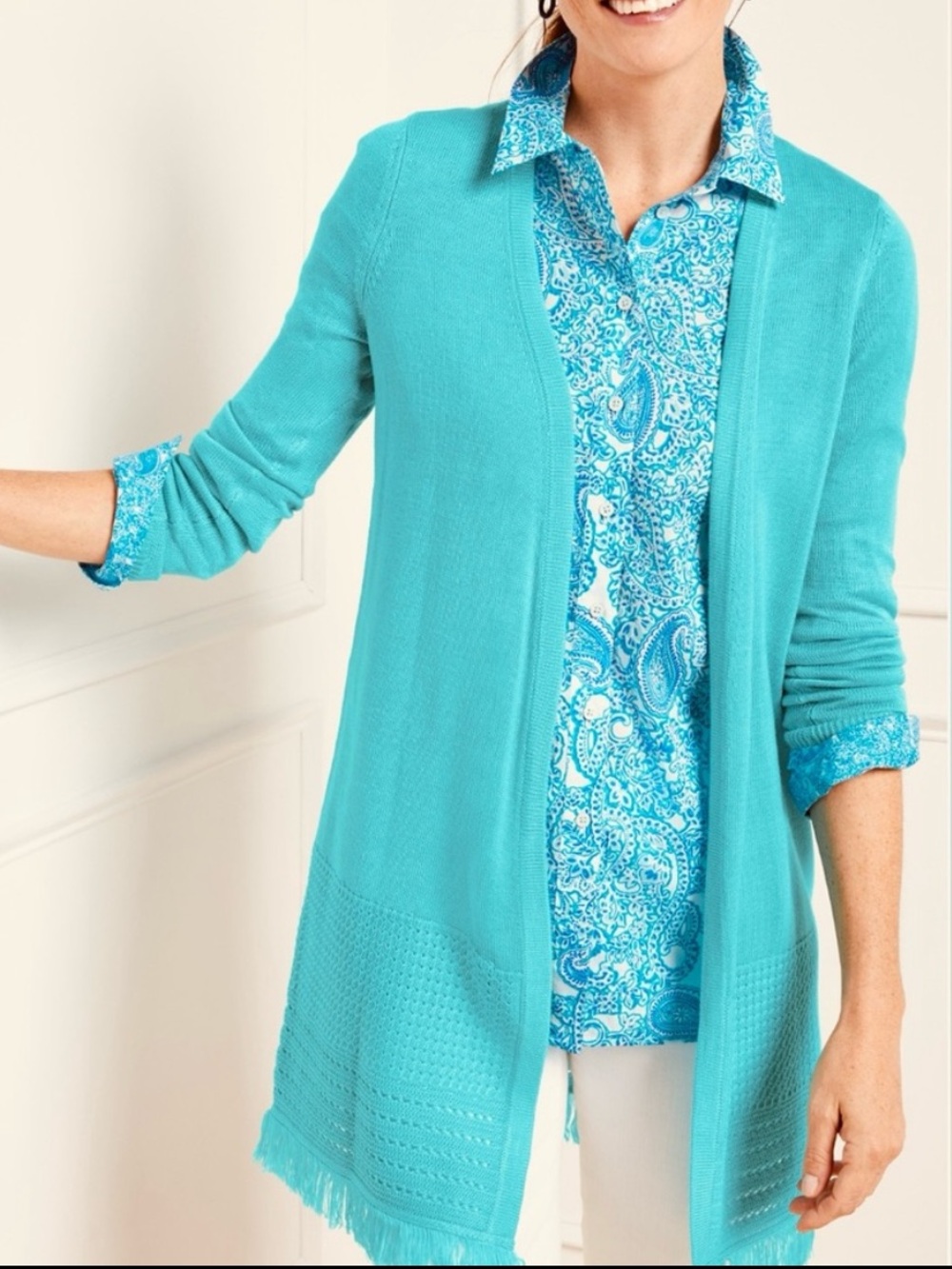 Talbots Textured Fringe Blue Open Cardigan, Large